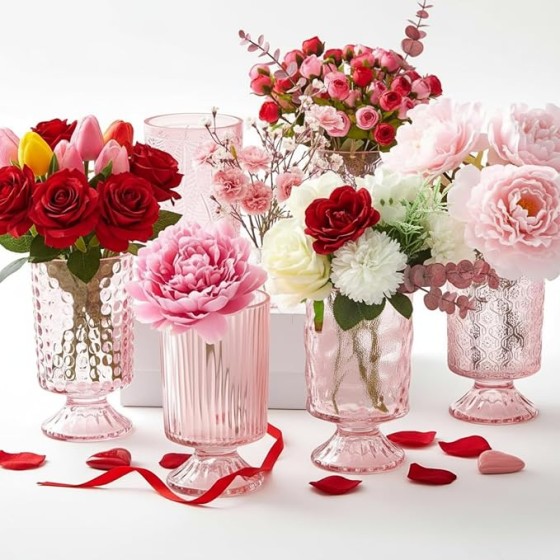 6-Piece Set (7" Tall, 4" Wide) Embossed Pattern Stemmed Glass Vase, Pink | Thick-Based Vintage Crystal-Style Vase – Ideal for Weddings, Valentine's Day, Parties, Home Decor, Table Centerpieces, and Housewarming Gifts
