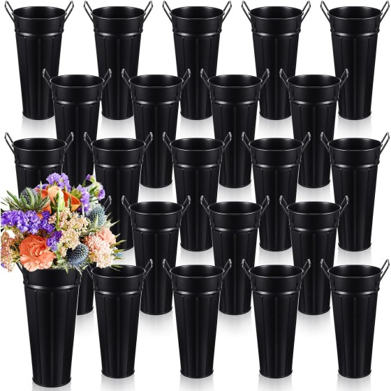 9-Inch Galvanized Metal Flower Vase/Bucket (Pack of 24, Black) – Features Handles; Suitable for Dried Flowers, Weddings, Farmhouse Style, and Home Decor