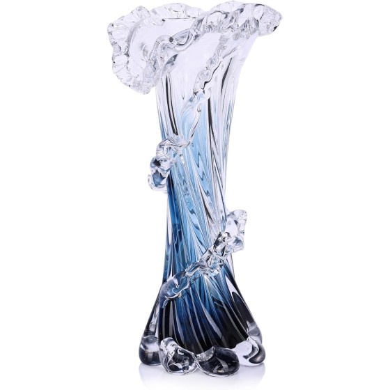 Hand-blown blue glass vase—unique artistic style with an oceanic flair; suitable for coastal-style homes, coffee tables, living rooms, and office décor—11.8 inches tall (Large).