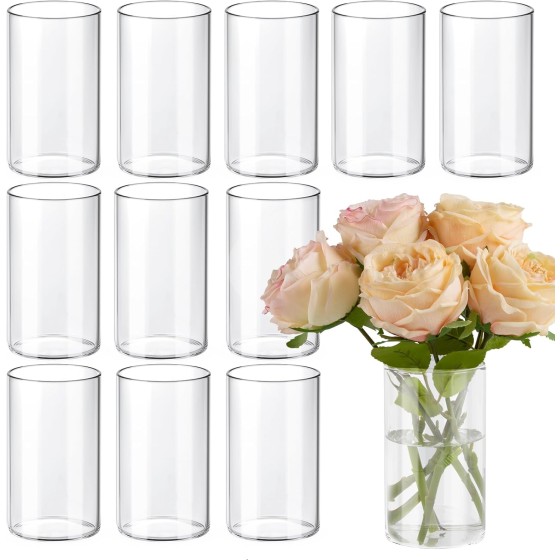 Set of 12 Clear Cylindrical Glass Vases, 6 Inches Tall (Ideal for Table Centerpieces) | Suitable for Weddings, Home Decor, and Parties; Can Also Serve as Holders for Floating Candles (Wind-Protected) on Tables or Shelves
