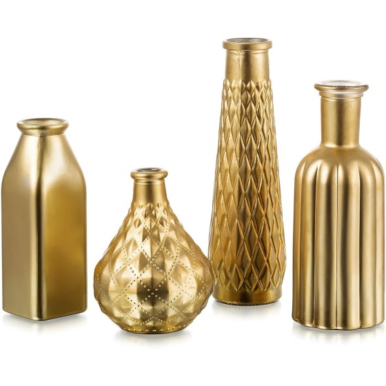Gold Glass Vase: 4-Piece Small Home Decor Set | Ideal for Single Stems, Modern Aesthetic, Tabletop Ornament; Suitable for Living Rooms, Weddings, Home Decor, and Housewarming Gifts