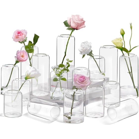 16-Piece Small-Opening Vase Set – Modern, minimalist, transparent small glass vases; ideal for wedding table floral arrangements and various celebrations; handcrafted small vases, perfect for home décor.