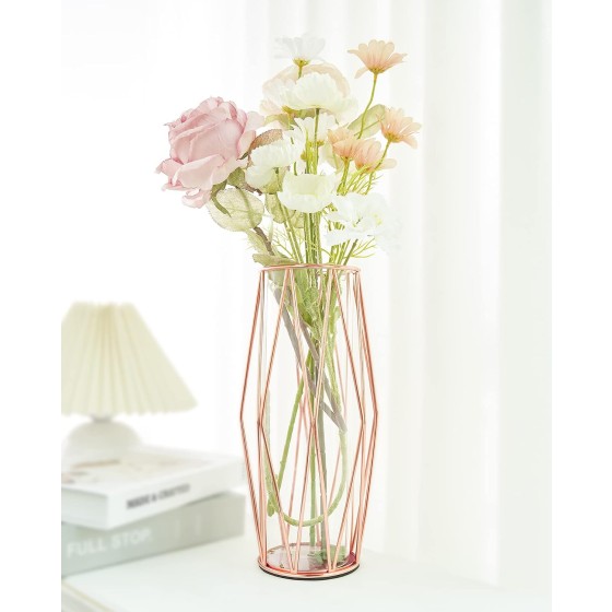 11-Inch Rose Gold Glass Vase (with Premium Metal Stand) | Modern Boho-Style Large Clear Vase for Home Decor, Living Room, or Wedding Table Centerpiece; Suitable for Dining Tables, Mantels, or Entryways