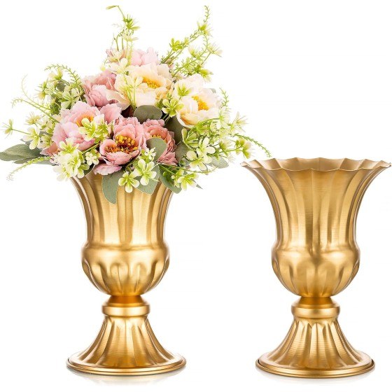 Gold Metal Vase (Set of 2) – Ideal for Table Centerpieces and Floral Arrangements | 9-Inch Tall Goblet/Trumpet-Style Vase; Suitable for Decorative Use, Artificial Flowers, Receptions, Home Decor, and Parties