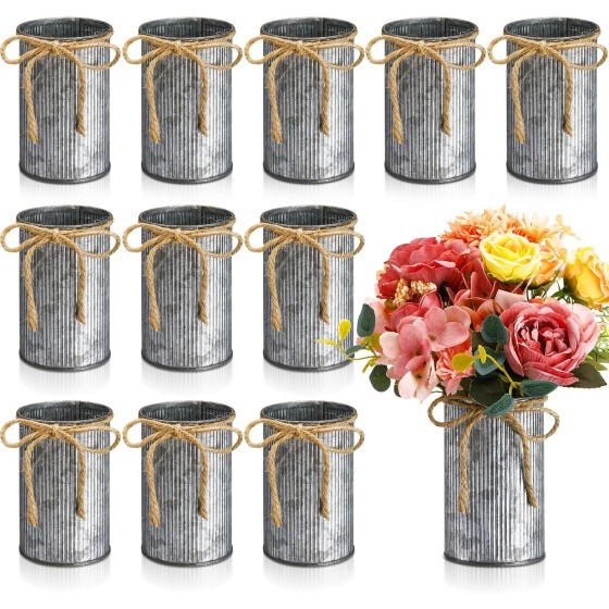 4.33-inch Mini Vase (Wedding Table Decor / Iron-style Finish / Set of 12) — Features a ribbed metal texture, a decorative jute twine bow, and a compact, rounded shape; available in various colors and sizes, suitable for dried flowers or greenery.