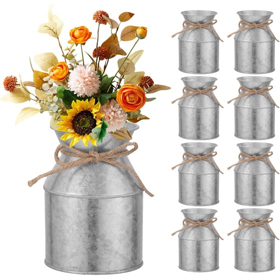 8-Piece Galvanized Metal Vase Set – 5.12-Inch Rustic Farmhouse-Style Milk Can/Pitcher Vase (with Jute Bow); Floral Bucket for Wedding Table Centerpieces and Home Dining Decor