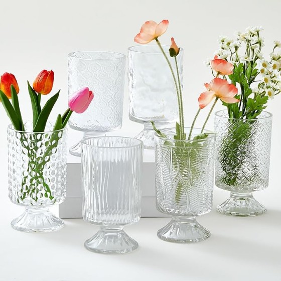 6-Piece Set (7" Tall, 4" Wide) Embossed Pattern Stemmed Glass Vase, Clear | Thick-Based Vintage-Style Crystal Vase – Ideal for Weddings, Home Decor, Table Centerpieces, and Housewarming Gifts