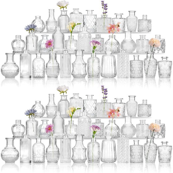 Set of 64 small, exquisite glass vases—perfect for table centerpieces, floral arrangements, rustic weddings, or home table decor | Vintage-style vase set ideal for rustic weddings or home table styling.