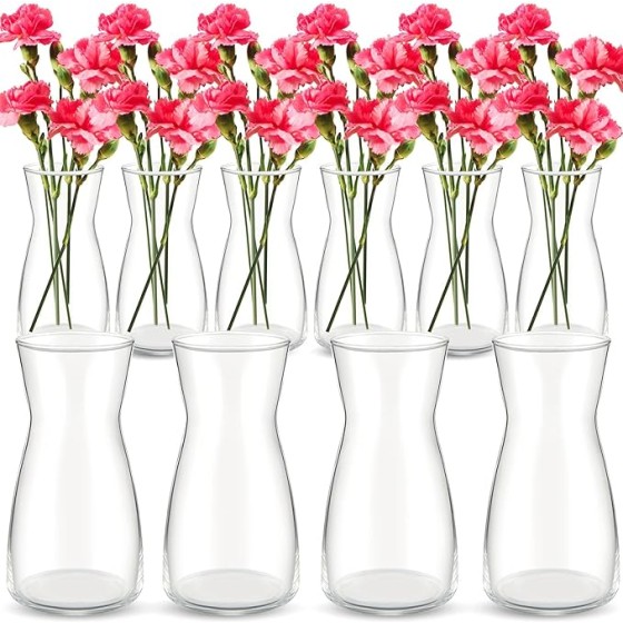Set of 10 – 8-Inch High-Clarity Wide-Mouth Crystal Glass Vases: Bohemian-style decor perfect for table centerpieces; ideal for floral arrangements, rustic home styling, weddings, and housewarming gifts (Clear)